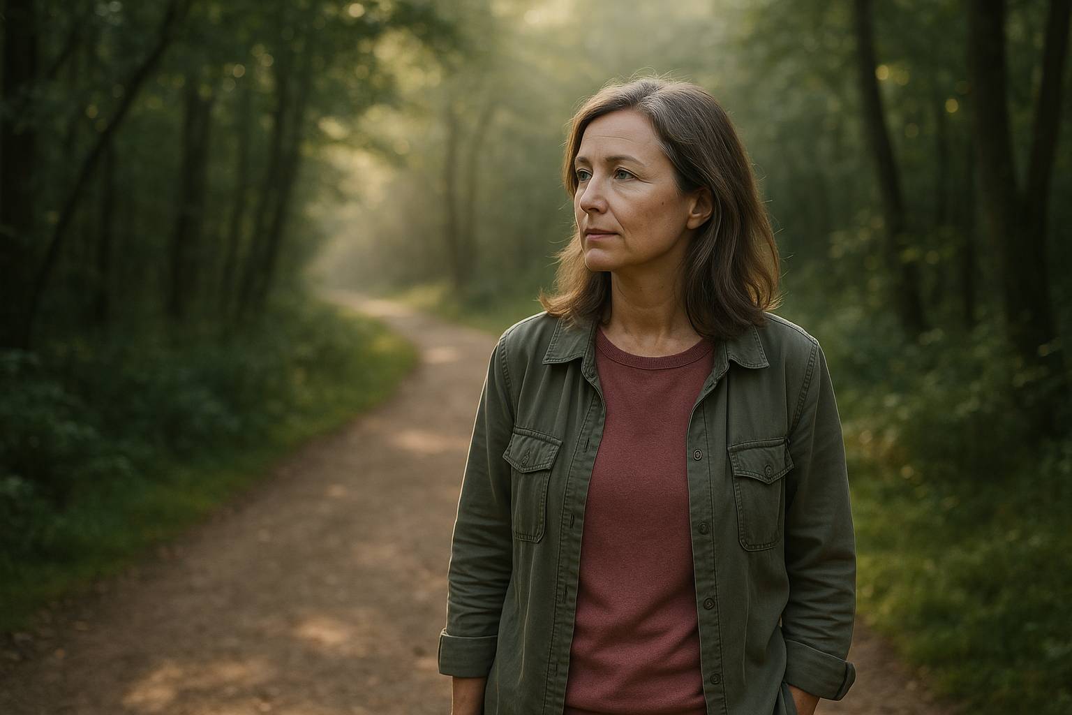 A thoughtful woman pausing on a quiet path through nature, symbolising reflection and recalibration.