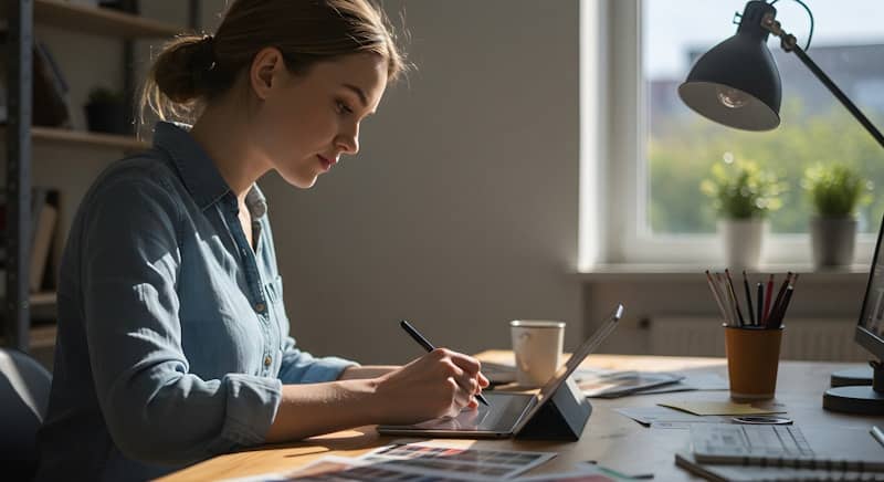 A woman sitting at a desk writing on a notebook