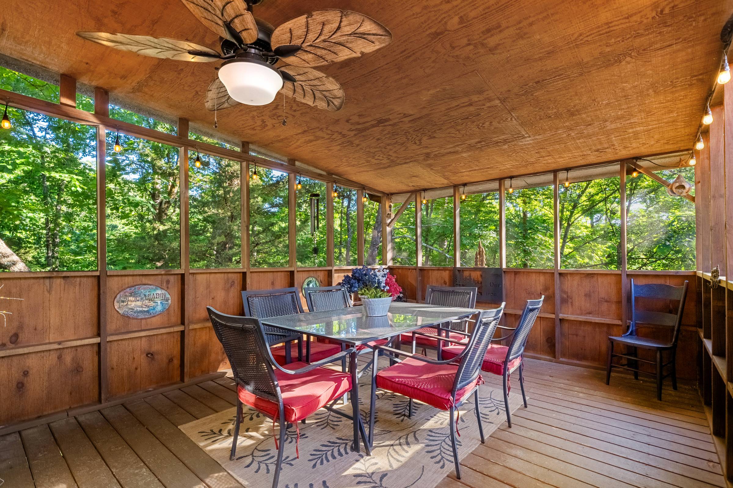 Screened-in porch at mountain cabin