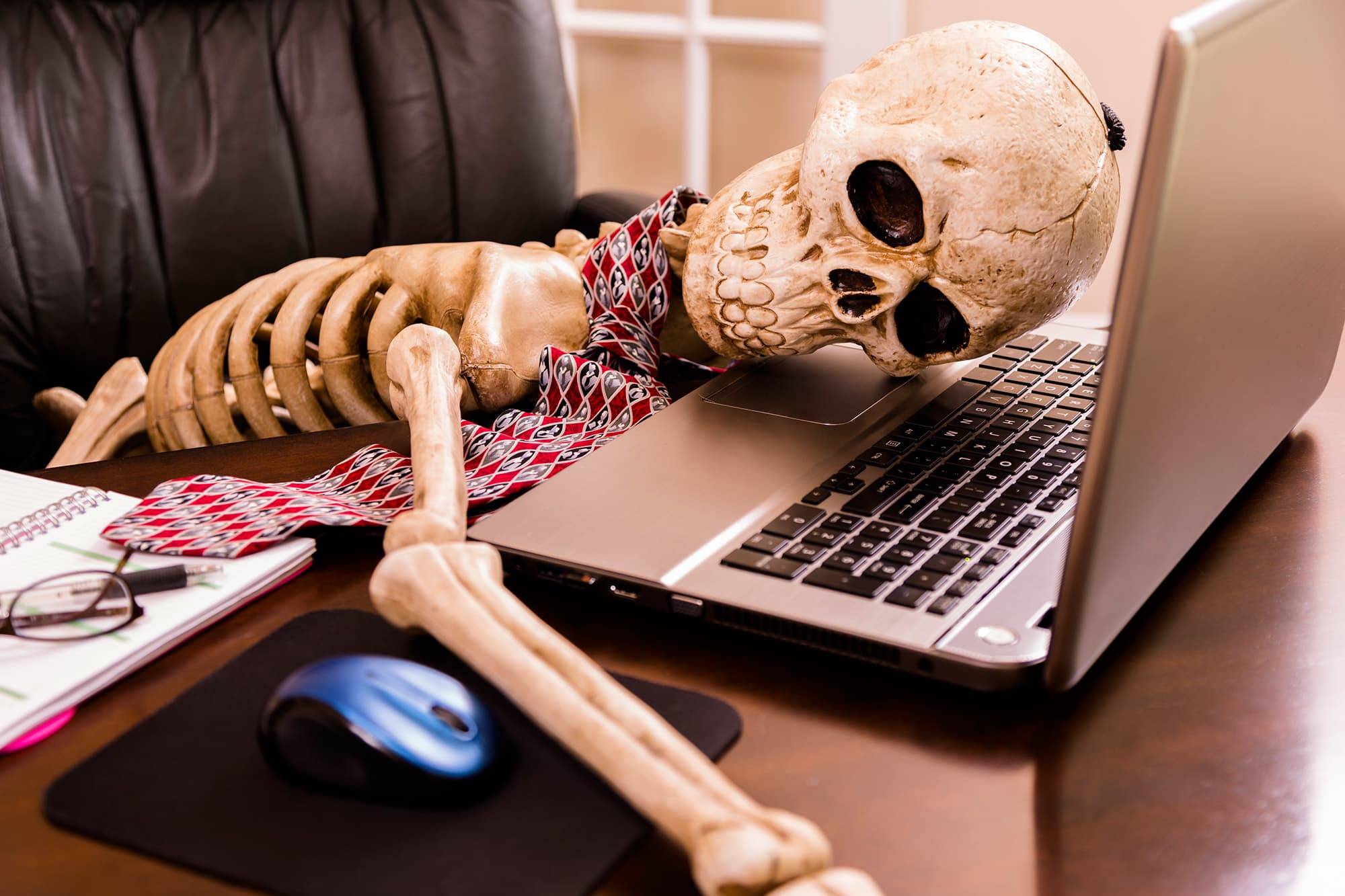 Skeleton laying on laptop