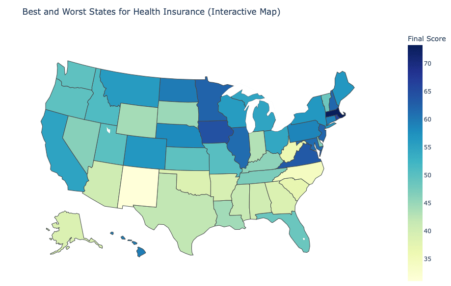 a map of best and worst US states for health insurance
