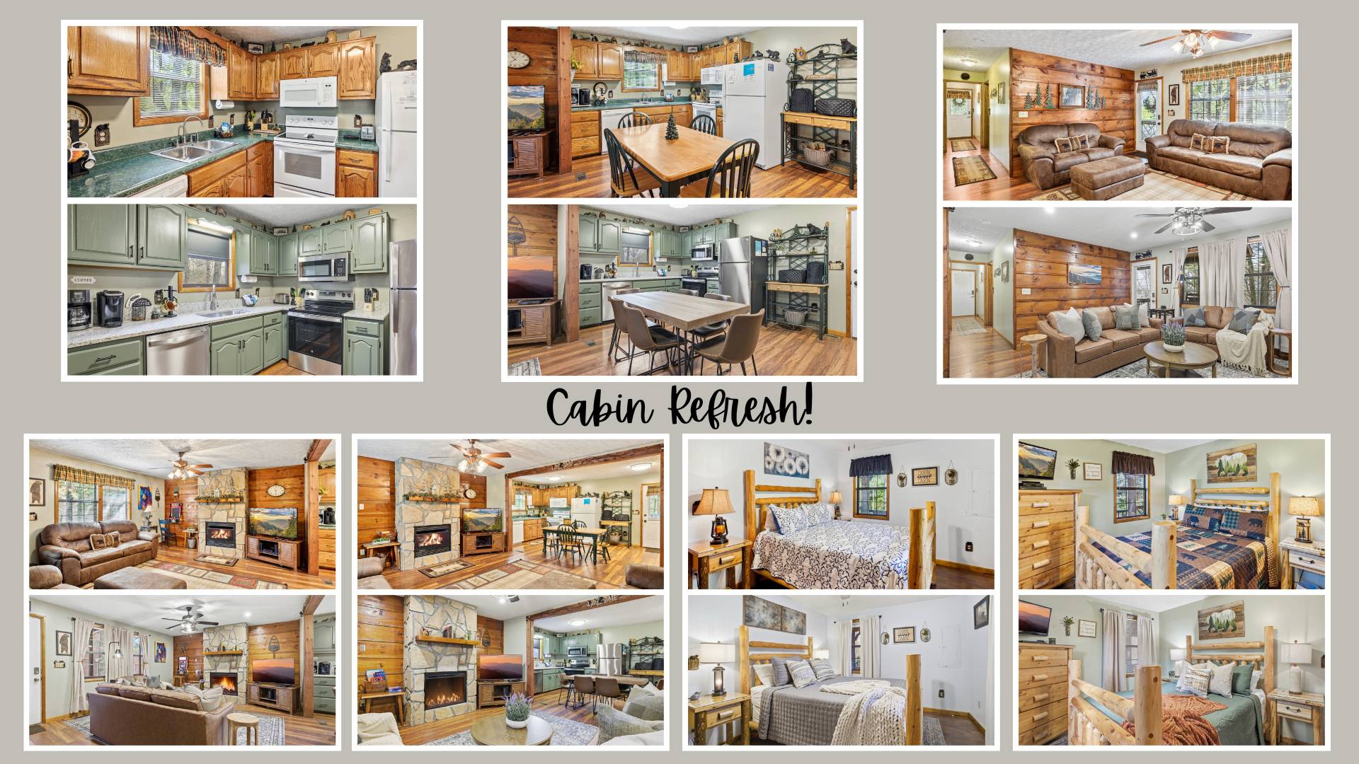 Collage of cabin renovation before and after photos