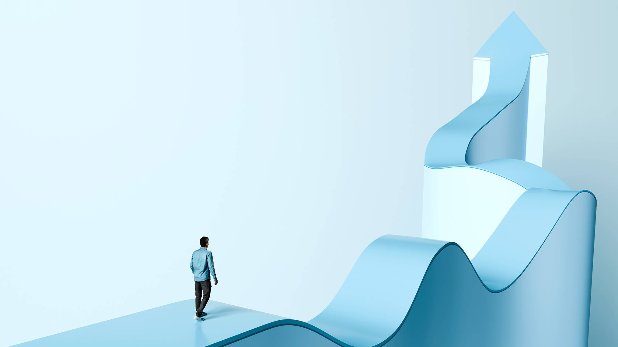 A small figure standing at the base of a massive, winding upward path that rises steeply into the distance with an arrow pointing upward at the peak, rendered in soft light blue tones. The towering path represents the idealized future self that always feels just out of reach. The small figure at the base illustrates how attachment to potential can make the present self feel insignificant by comparison, forever looking upward rather than grounding in where they already stand.