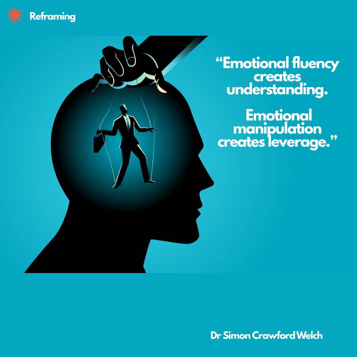 A black silhouette of a human head in profile on a bright blue background, with a large hand reaching in from above to control a small businessman on puppet strings inside the head, and a Reframing label in the top corner. The image represents the differe