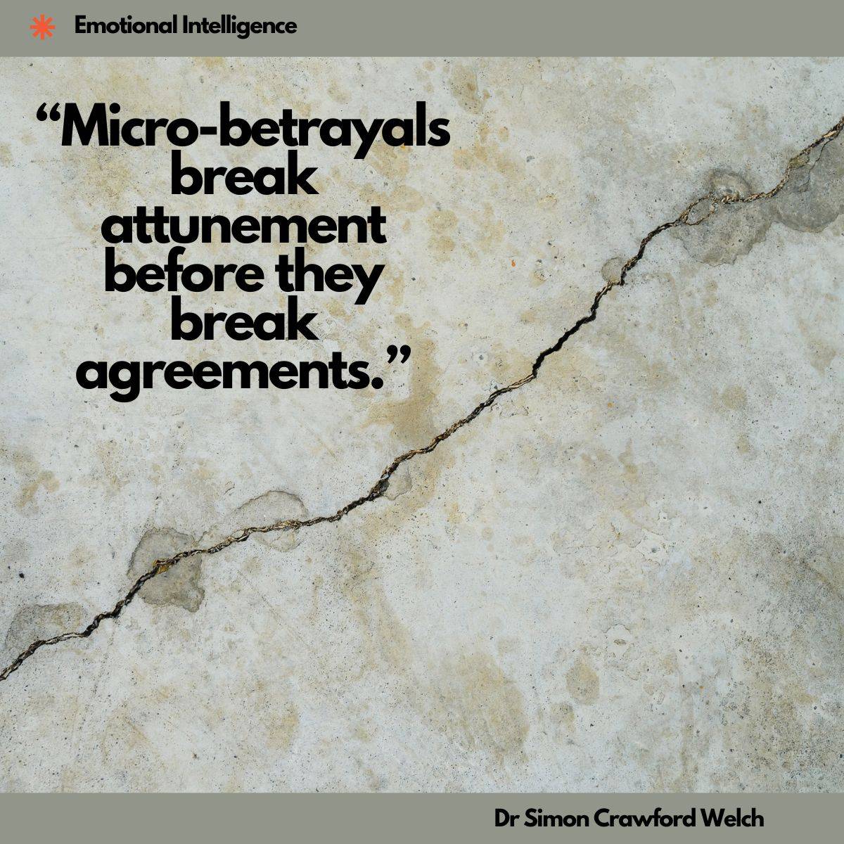 A weathered concrete surface with a thin diagonal crack running through it. The crack represents trust fracturing slowly and quietly, not from a single blow but from accumulated pressure, mirroring how micro-betrayals erode connection before anything visibly breaks. The quote reads: "Micro-betrayals break attunement before they break agreements."
