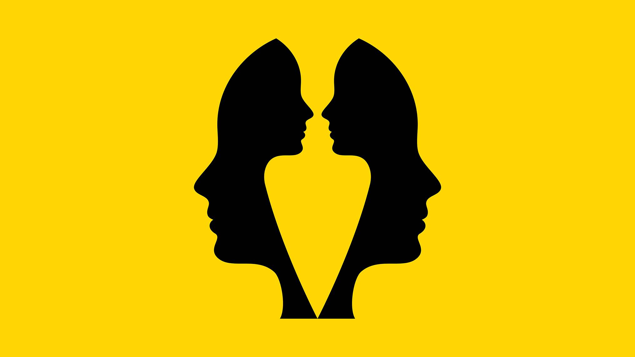 Two black silhouetted profiles of human heads facing each other against a bright yellow background, with the negative space between them forming a vase or chalice shape. The image illustrates the concept of perception, dialogue, and dual perspectives in emotional intelligence, showing how meaning and connection emerge in the space between two people engaging with one another.