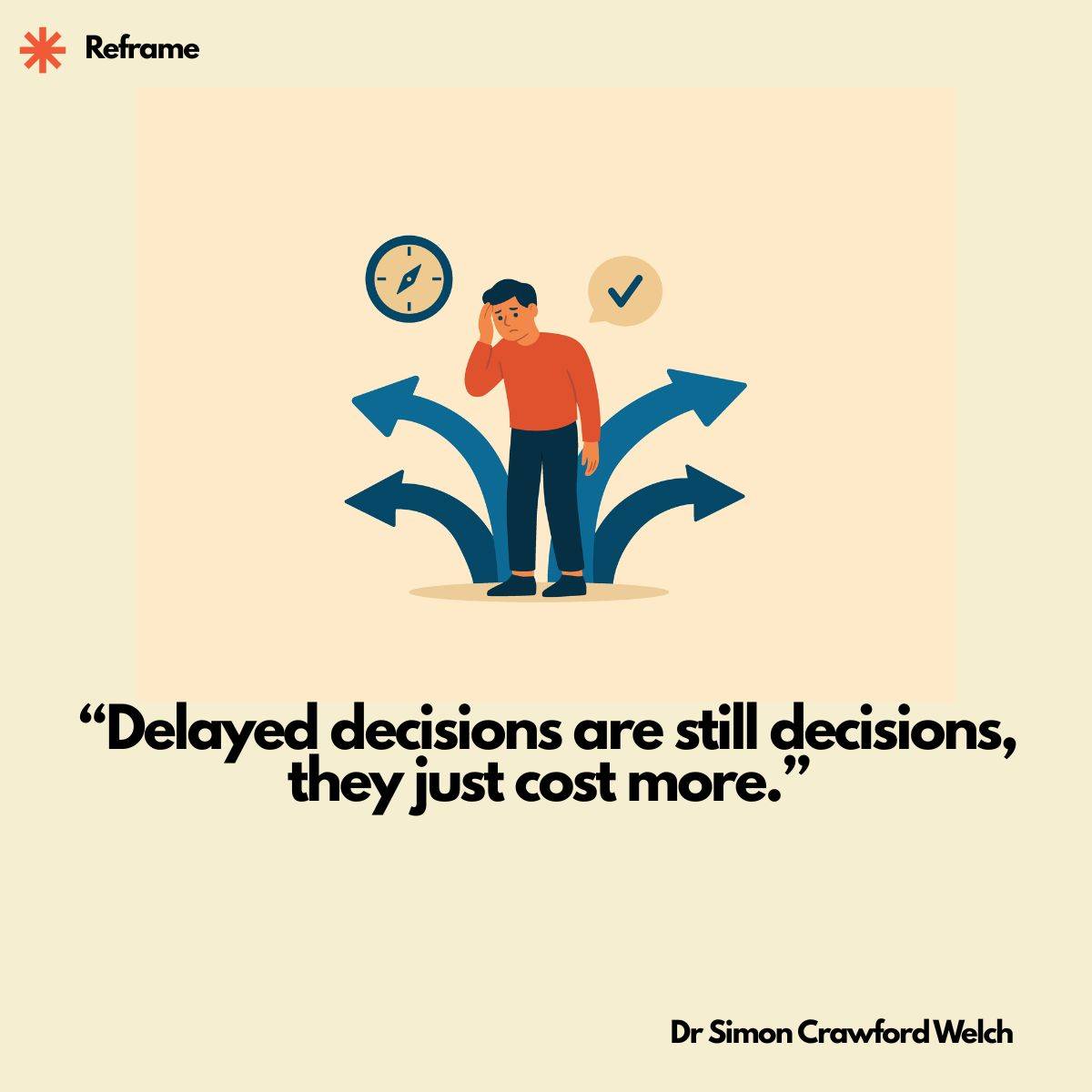 Quote: "Delayed decisions are still decisions, they just cost more." By Dr. Simon Crawford Welch. A flat vector illustration on a warm cream background shows a man in an orange long sleeve shirt and dark navy pants standing alone with one hand pressed to 