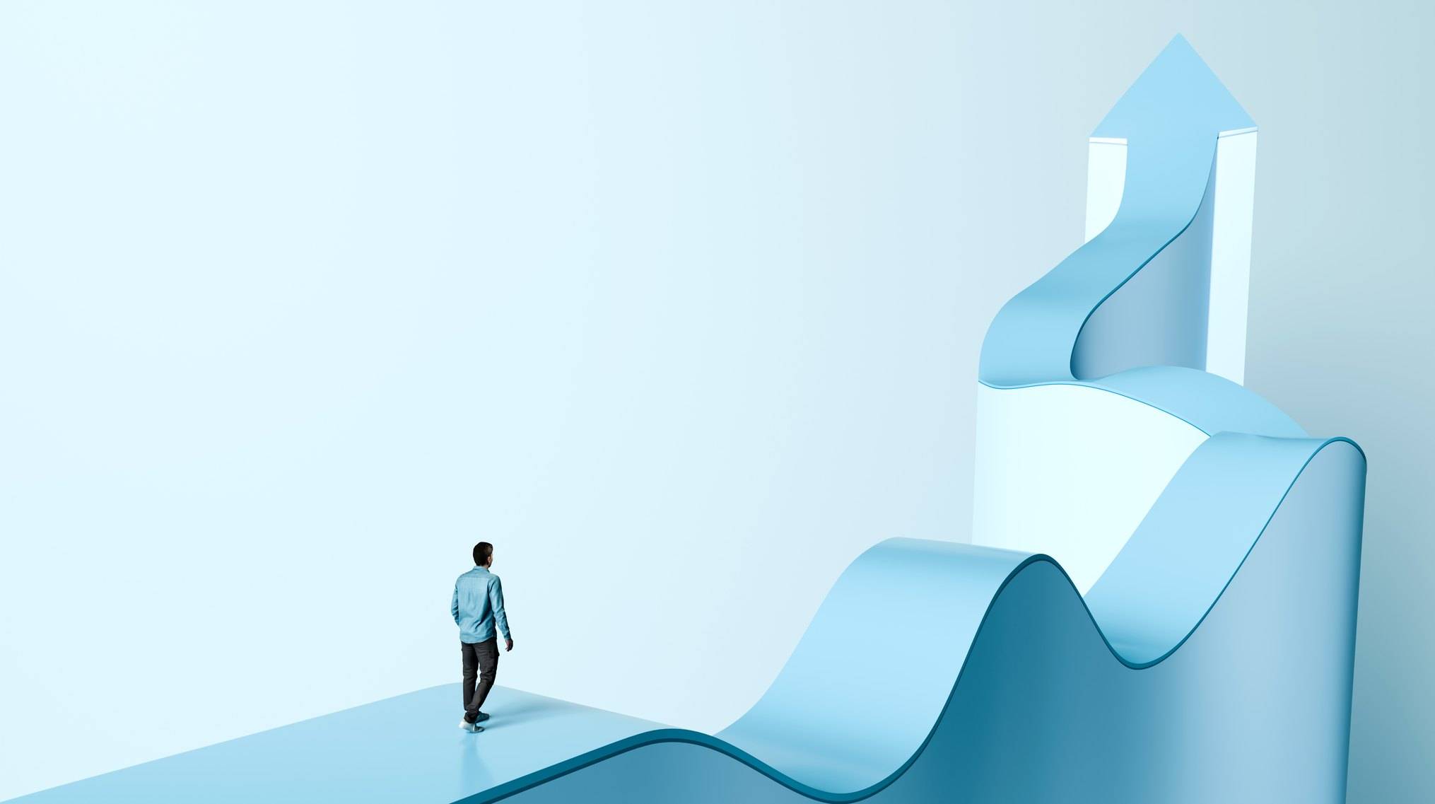 A lone man in a blue shirt stands at the start of a light blue path that rises and dips in waves before curving upward into a tall arrow pointing to the sky. The image represents the distance between admiring growth and actually walking the uneven road it requires.