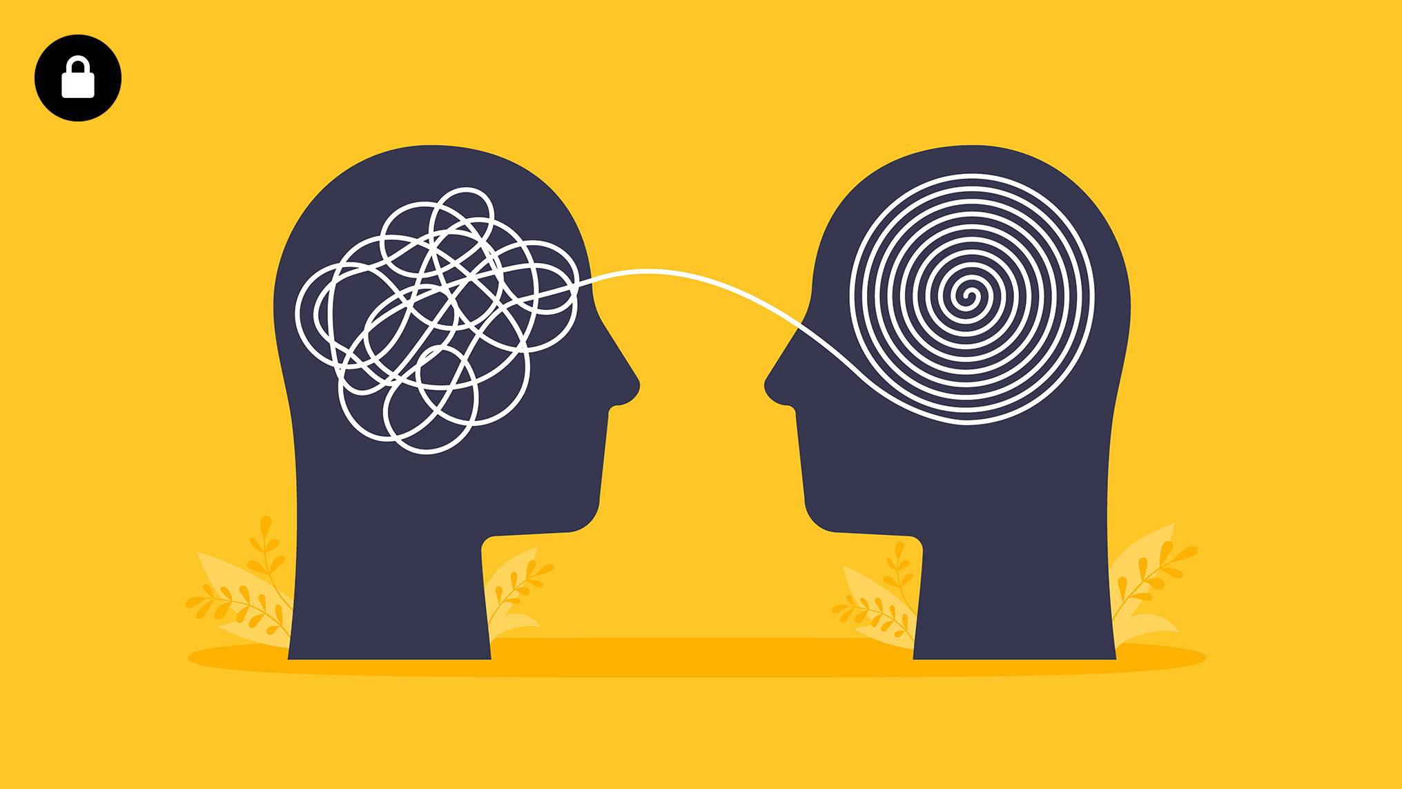 An image depicting the concept mental problem solving brainstorm concept. Human heads with tangled chaos disorder turns into order line, finding solution. 