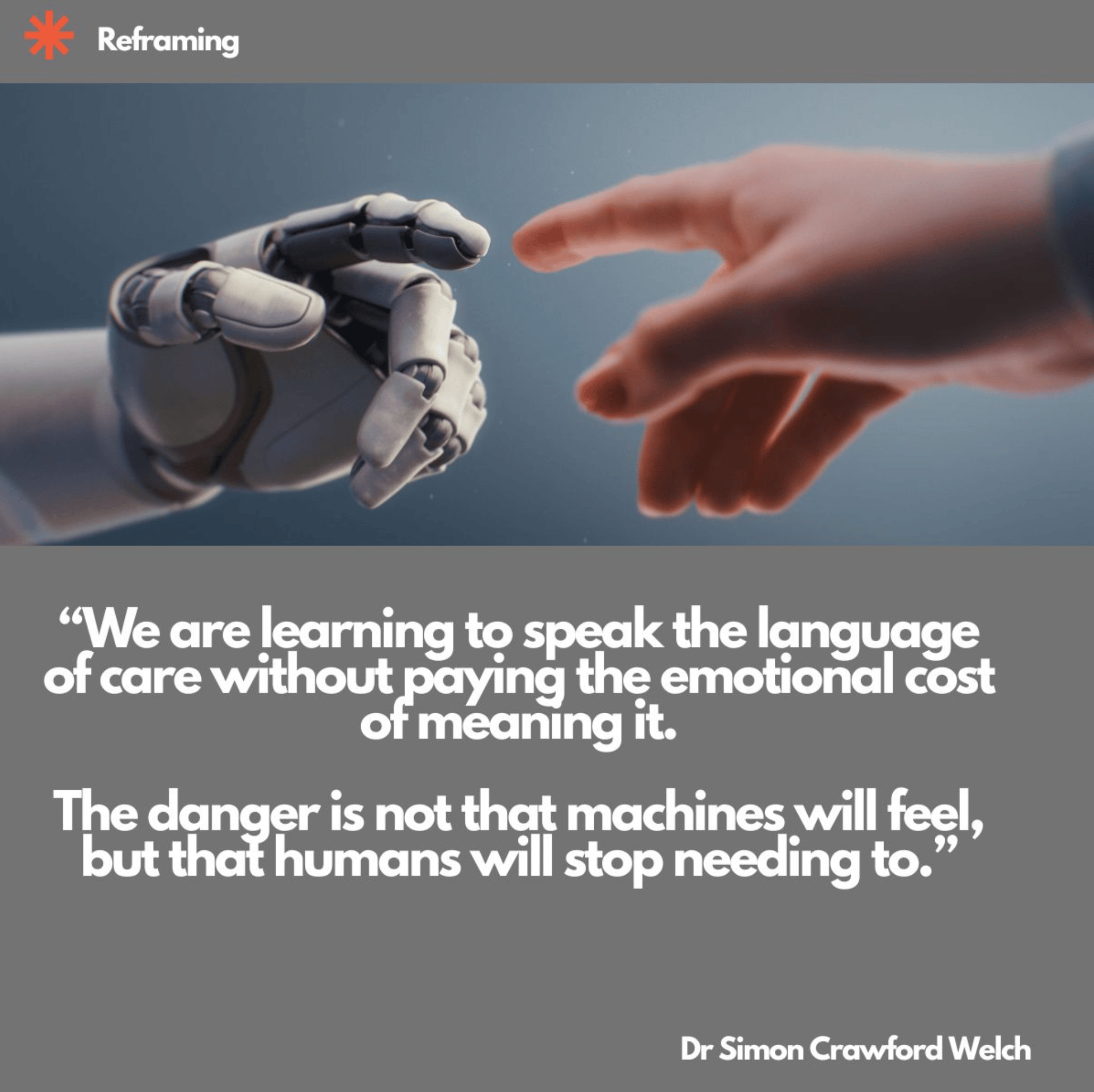 A robotic mechanical hand and a human hand reaching toward each other against a soft blue-grey background, evoking the iconic gesture from Michelangelo's Creation of Adam. The concept reframes the relationship between artificial intelligence and humanity,