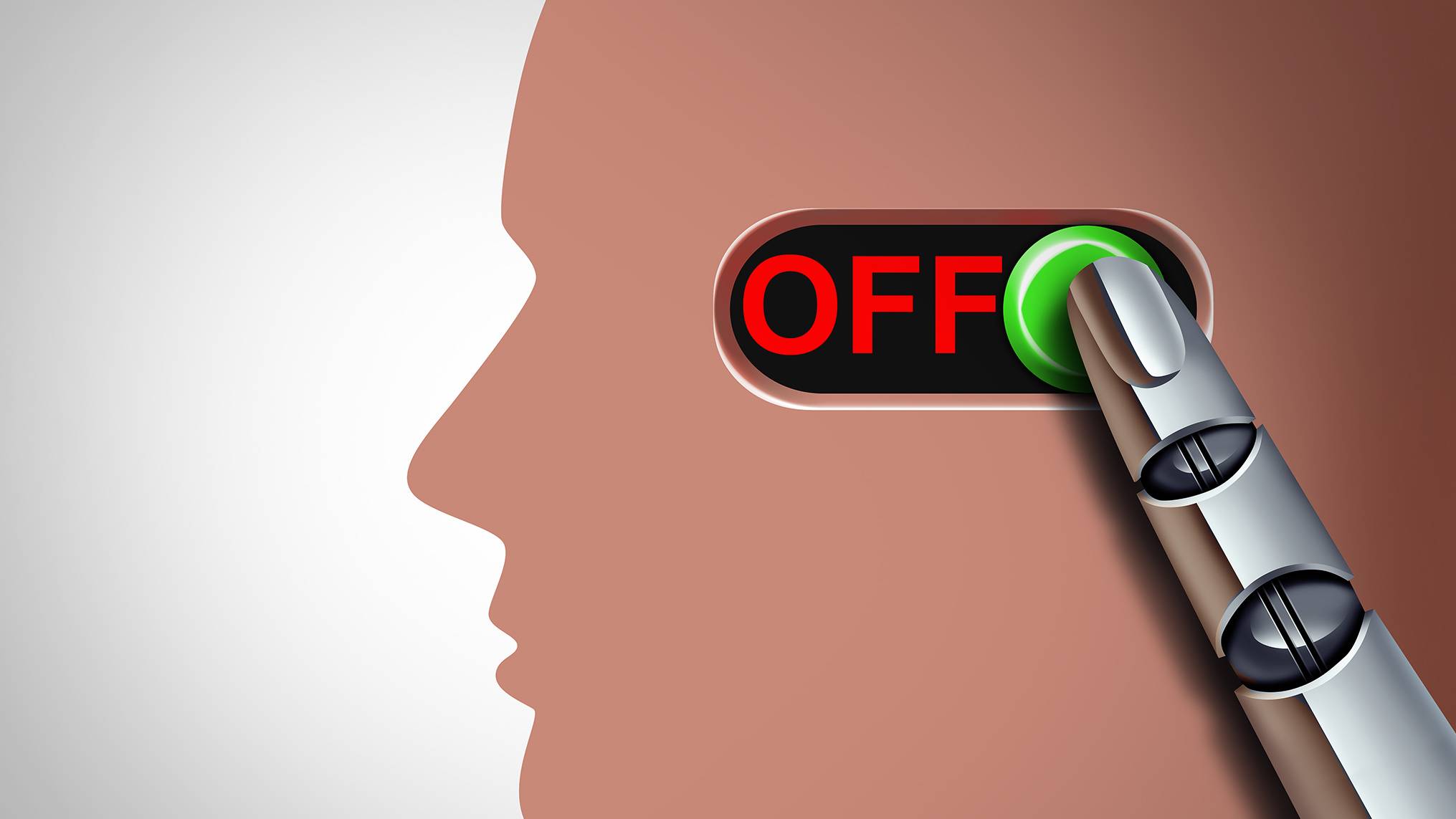 Minimalist illustration depicting AI control over human emotion — a robotic finger poised at an on/off switch on the side of a person's head, symbolizing the outsourcing of emotional intelligence to machines.