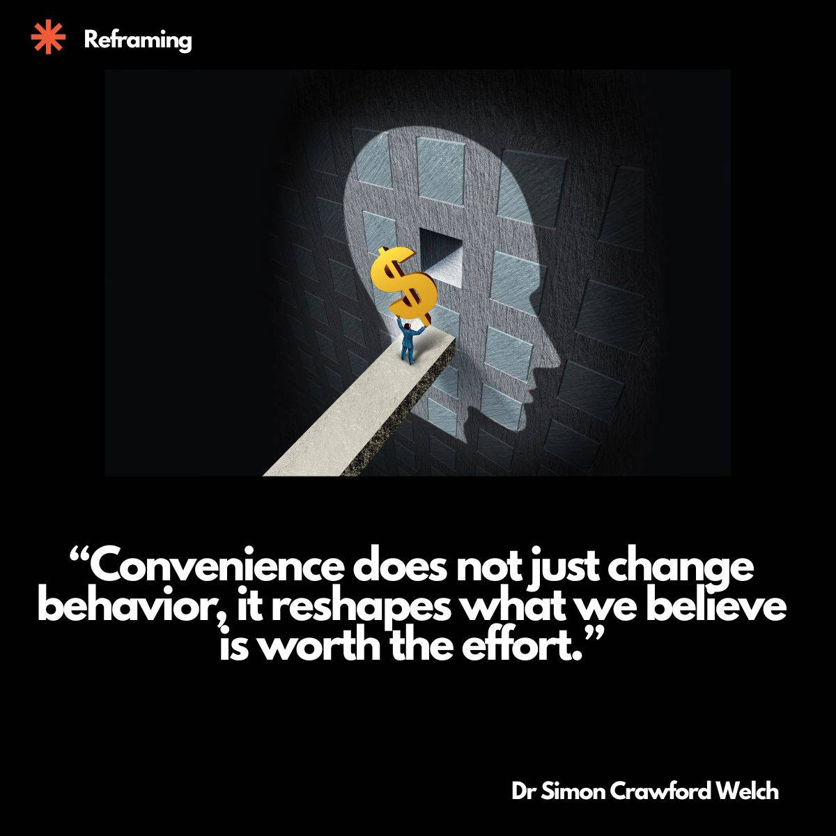 A stylized illustration shows a small human figure standing on a narrow walkway, lifting a glowing yellow dollar sign toward a large human head shaped opening cut into a textured stone wall, all set against a dark dramatic background. The image represents