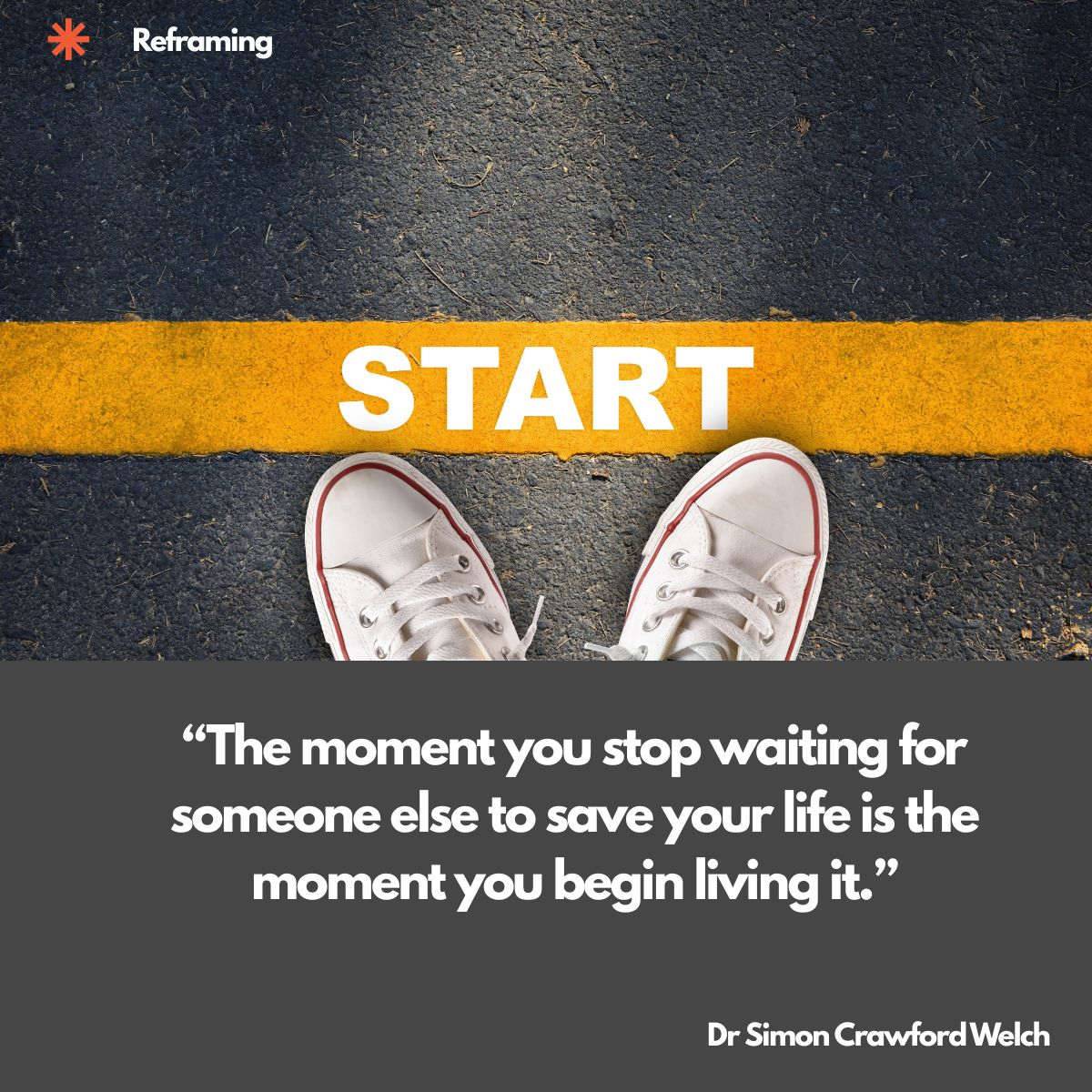 A pair of white canvas sneakers photographed from above stands on dark asphalt just behind a thick yellow line marked START. The concept is the decision point, showing that beginning is a place you step over rather than wait beside. Text over the image re