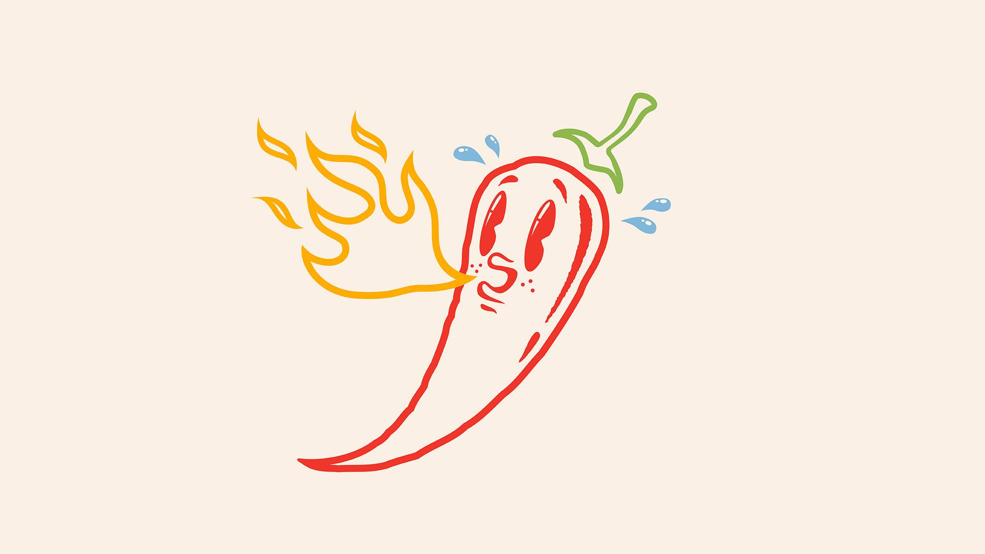 A hand-drawn cartoon chili pepper simultaneously breathing dramatic orange flames and shedding teardrops, rendered in bold outlines on a warm cream background — a visual metaphor for narrative inflation, capturing how we unconsciously amplify our past struggles into something more fiery and painful than the original experience, making our story feel bigger than it actually was.