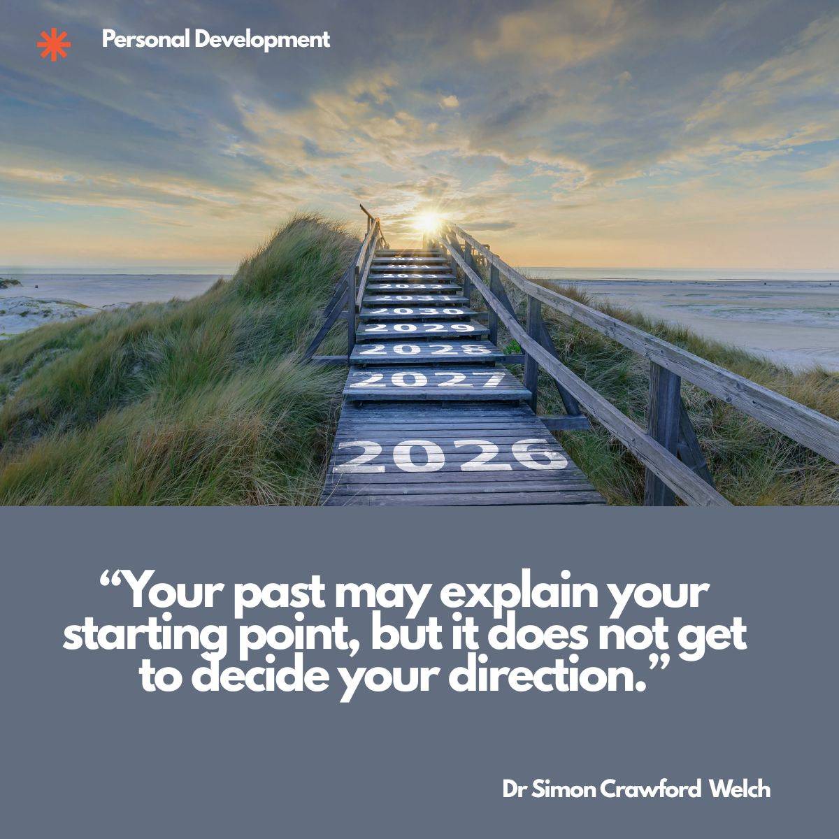 A wooden boardwalk staircase climbs over grassy dunes toward a sunrise, with the years 2026, 2027, 2028 and beyond painted on each step, and a Personal Development label in the top corner. The image represents moving forward one year at a time, with the future ahead and the past behind. Quote over the image reads: "Your past may explain your starting point, but it does not get to decide your direction." By Dr. Simon Crawford Welch.