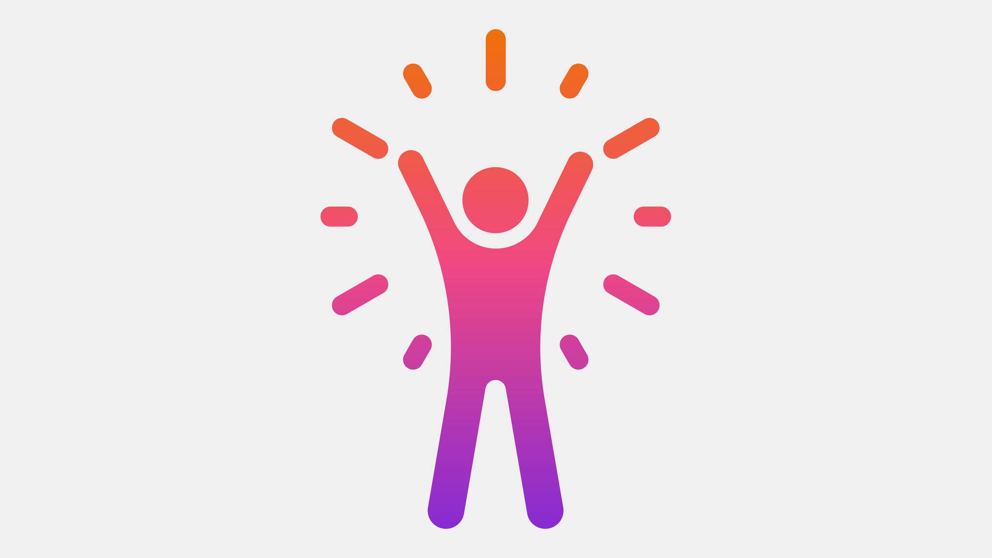 A simple gradient icon of a person standing with both arms raised overhead, surrounded by short radiating lines, shading from orange at the top through pink to purple at the feet. The concept is personal growth and self-realization, showing an individual stepping into confidence and expanding outward as they develop.