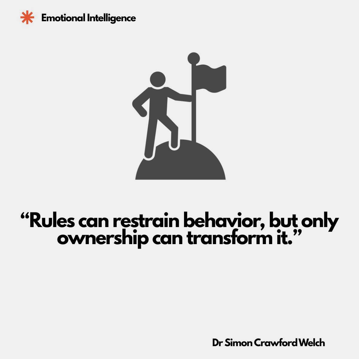 A dark gray silhouette of a person standing on a hilltop holding a flagpole with a waving flag, on a white background with an Emotional Intelligence label in the top corner. The image represents taking ownership and claiming responsibility for your own behavior. Quote over the image reads: "Rules can restrain behavior, but only ownership can transform it." By Dr. Simon Crawford Welch.