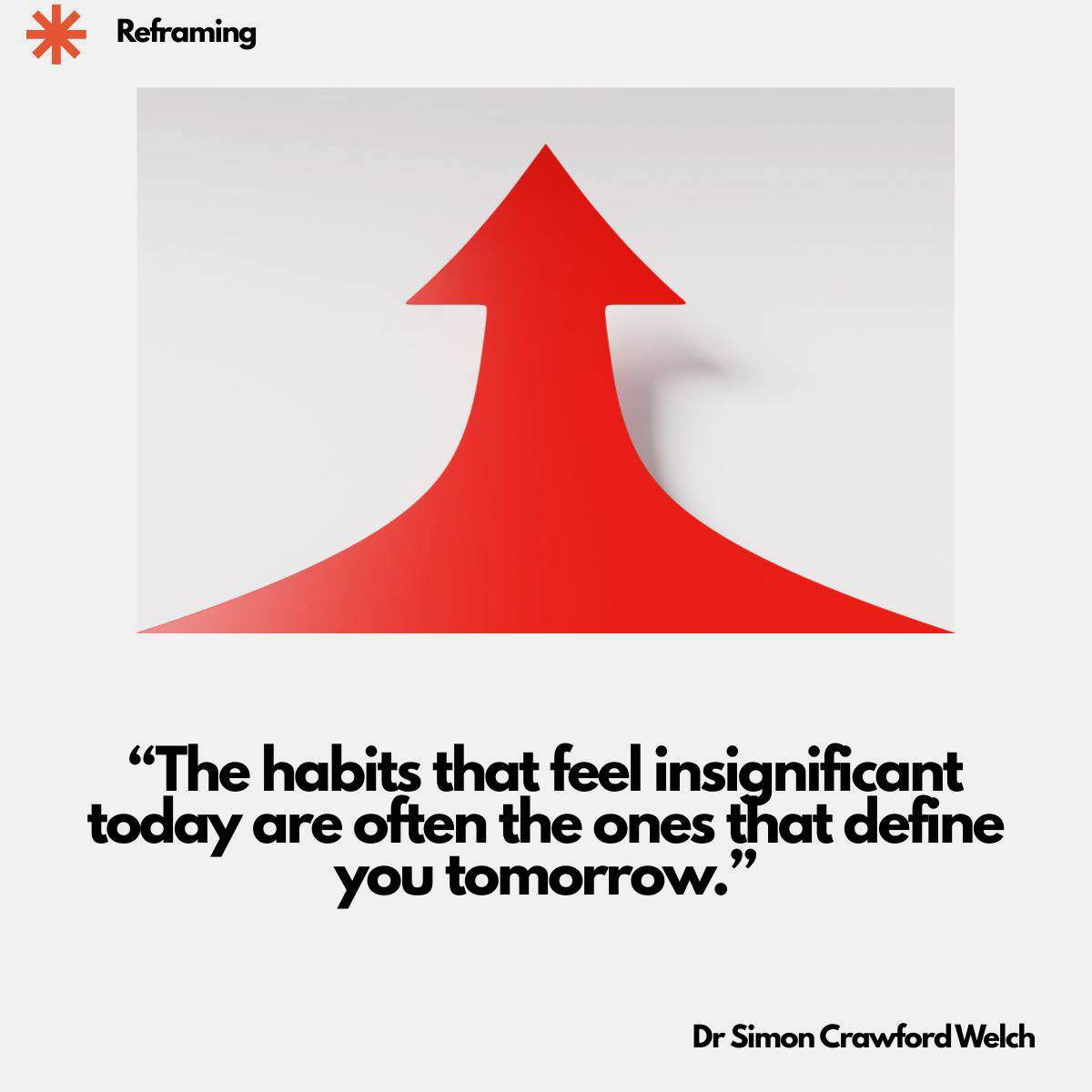 A bold red three dimensional arrow rises dramatically upward from a flat base, sweeping into a tall narrow point against a soft light grey background, with a subtle shadow cast to the right that adds depth and weight to the form. The concept reframes how 