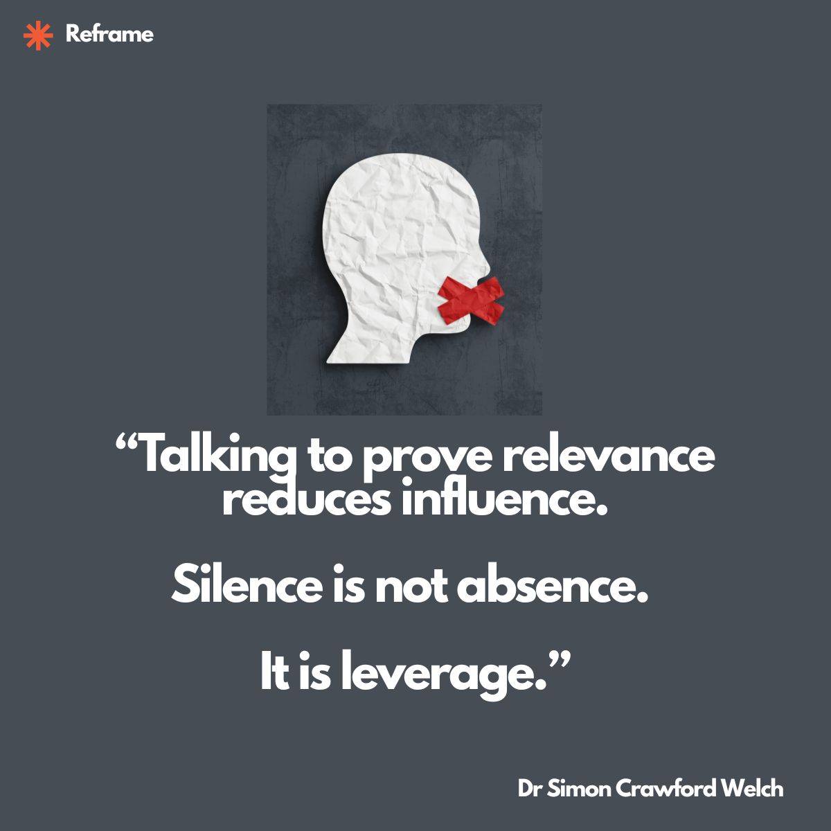 A crumpled white paper silhouette of a head in profile with a red tape X over the mouth on a dark gray background. The taped mouth represents the deliberate choice not to speak. The crumpled texture suggests imperfection and humanity, while the silence is