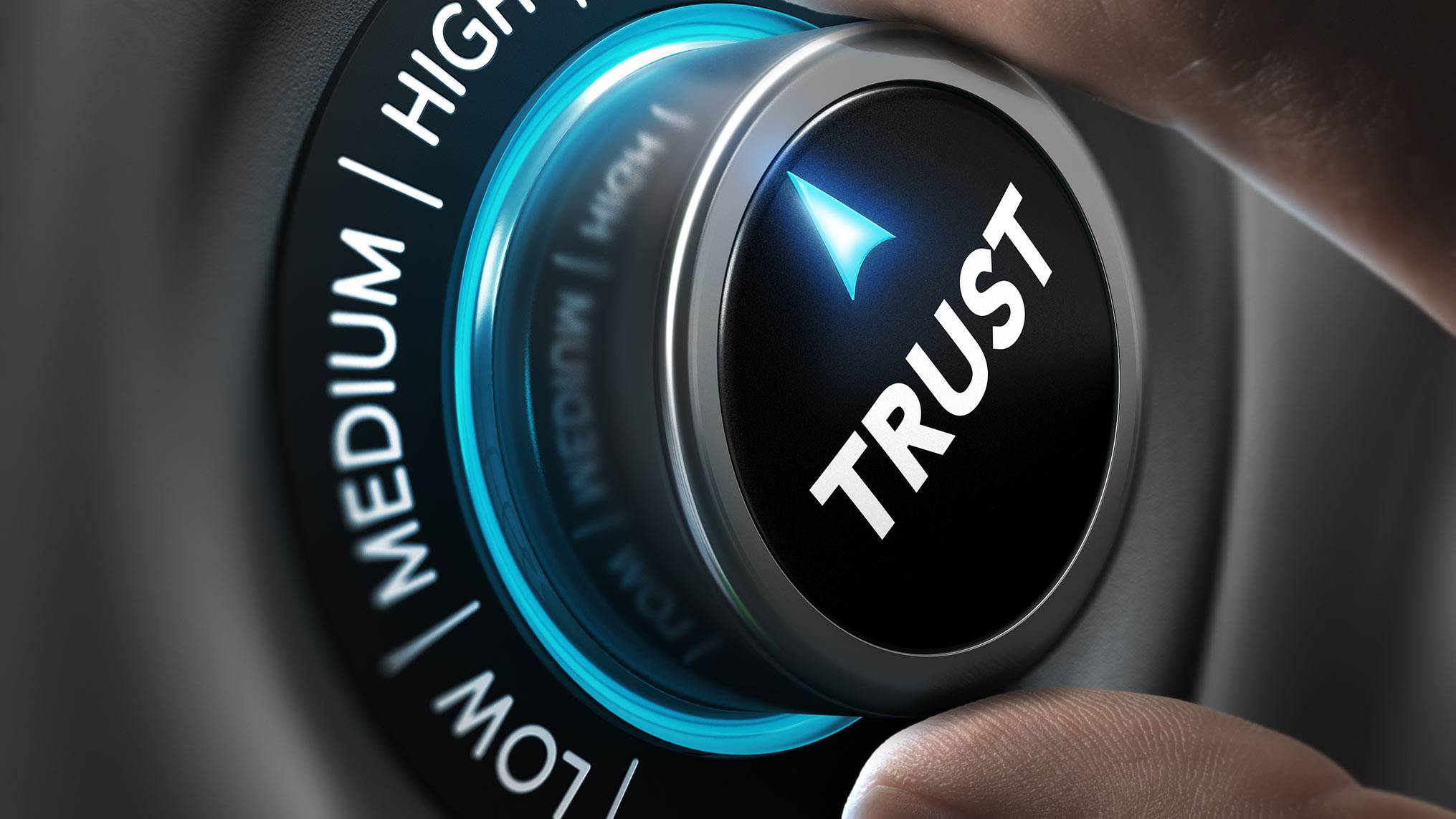 A close-up of a gauge dial labeled "Trust" with three settings — Low, Medium, and High — with the needle pointing toward the lower end, representing the fragile state of organizational trust when systems are unclear and accountability is inconsistent.