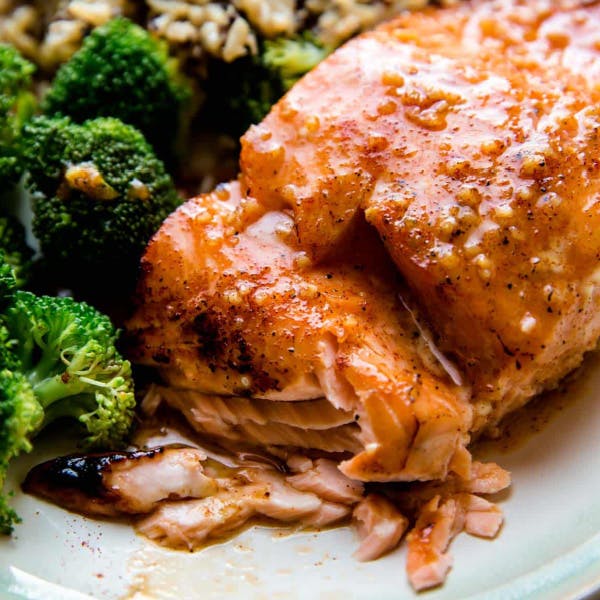 close up of salmon fillet on a plate