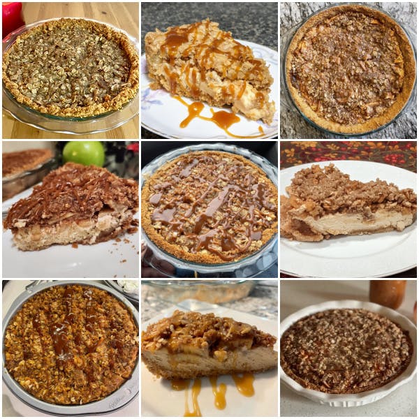 Collage of many caramel apple cheesecake pies