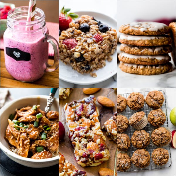 collage of recipe pictures including smoothie, baked oatmeal, and oatmeal cookies