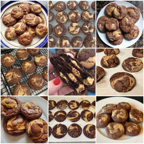 collage of peanut butter filled brownie cookies