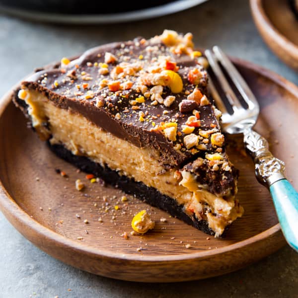 slice of peanut butter pie with Reeses Pieces