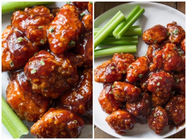 two pictures of honey BBQ popcorn chicken