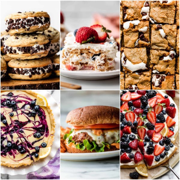 collage of Memorial Day Weekend recipes like cookie ice cream sandwiches and berry tart