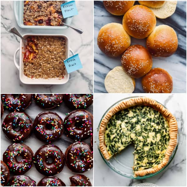 collage of various recipe photos including crisp, rolls, donuts, and quiche
