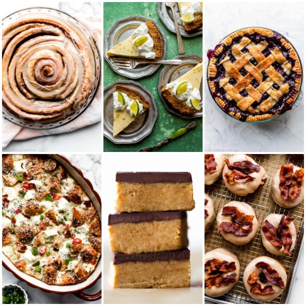 collage of 6 photos including blueberry pie, key lime pie, and maple bacon doughnuts