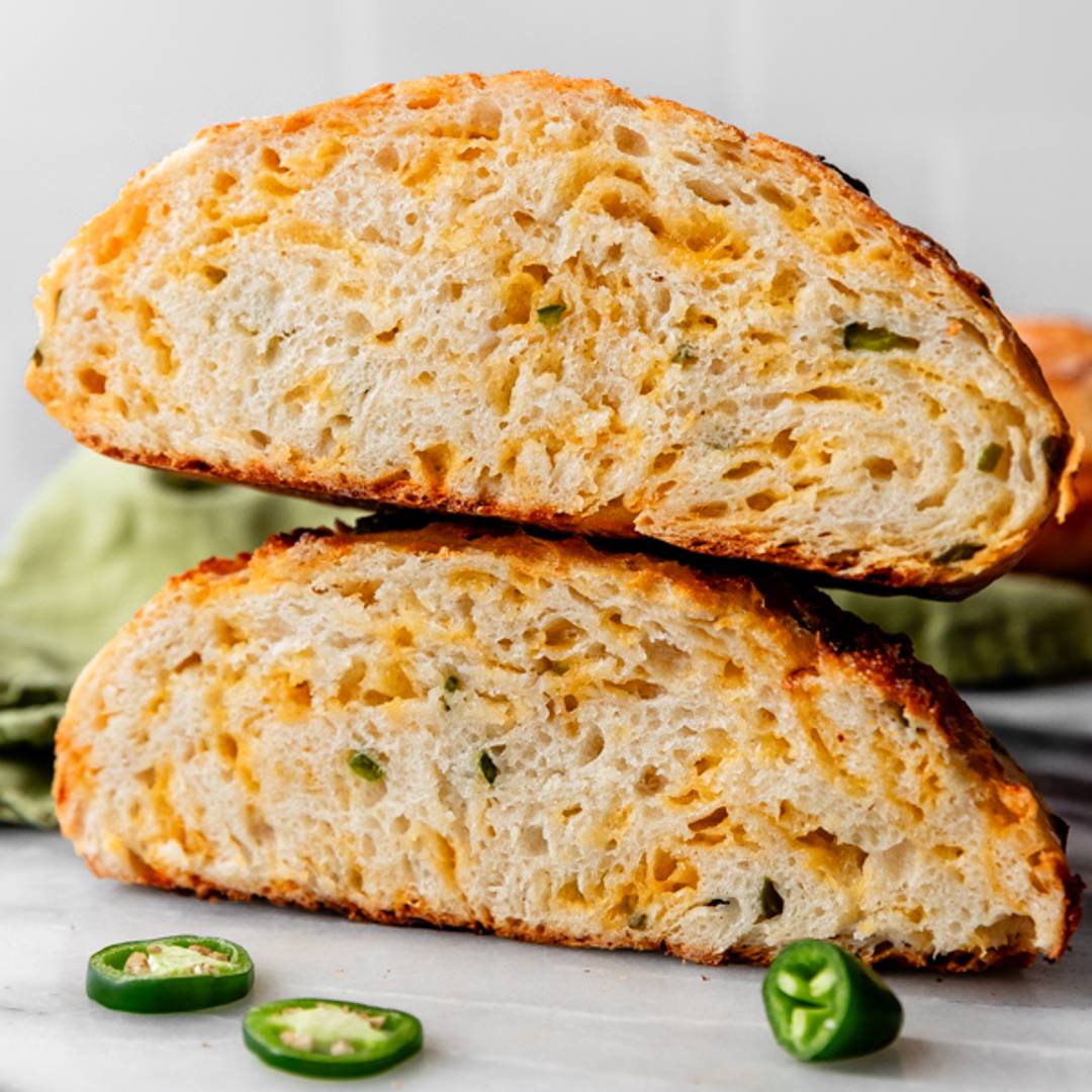 jalapeno cheddar loaf cut in half