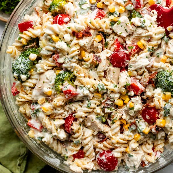 creamy chicken pasta salad in bowl