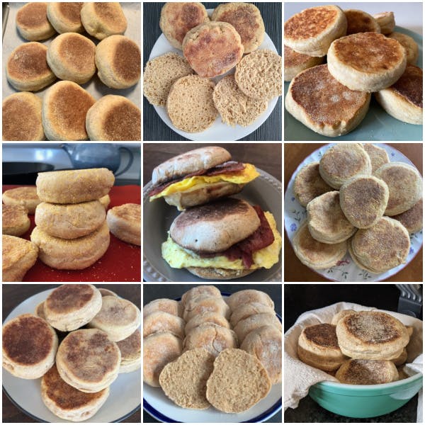 collage of honey wheat English muffins