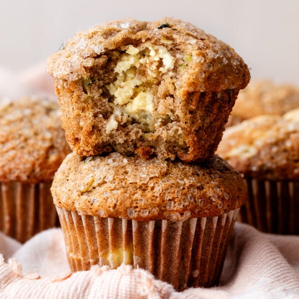 stack of 2 cream cheese zucchini muffins