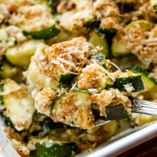 picture of zucchini casserole with feta and bread crumbs