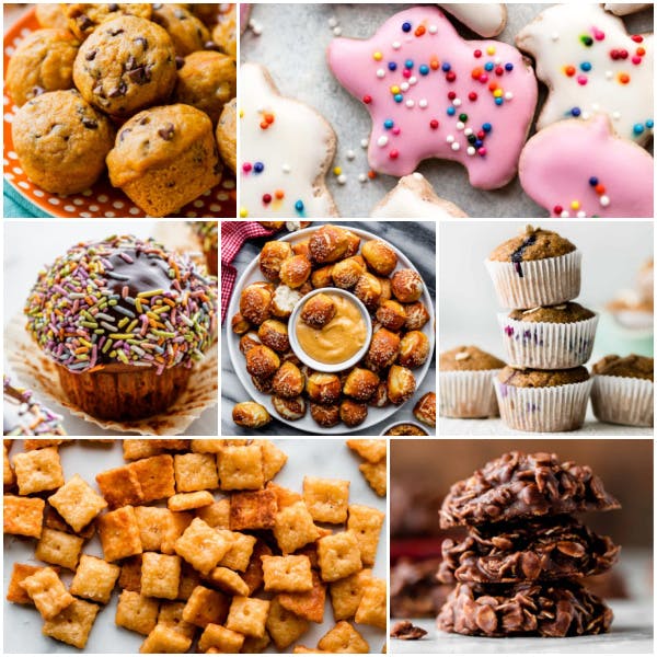 collage of kid-friendly baking recipes like animal cracker cookies and mini pumpkin muffins