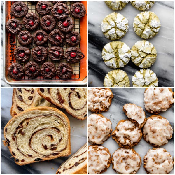 collage of cookie images and cinnamon raisin bread