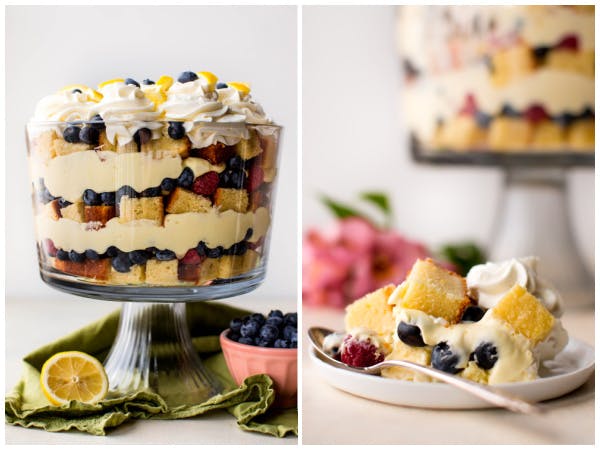 two pictures of lemon berry trifle