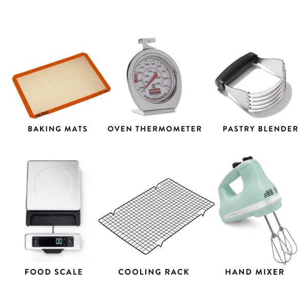 pictures of baking mats, oven thermometer, pastry blender, food scale, cooling rack, hand mixer