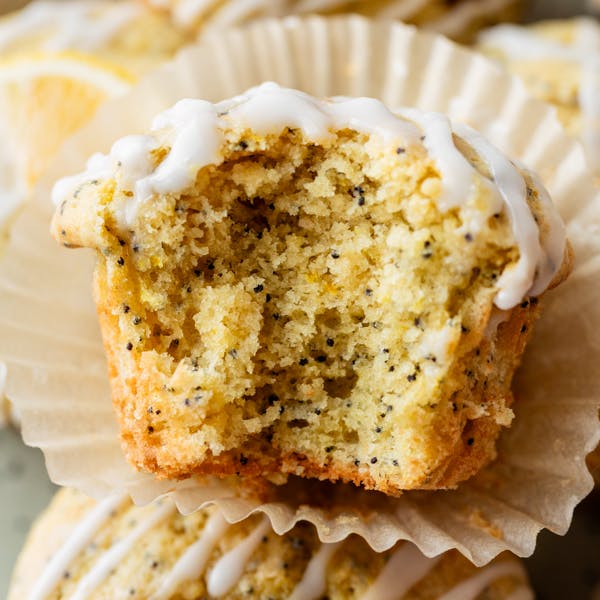 Lemon poppy seed muffin with a bite taken out