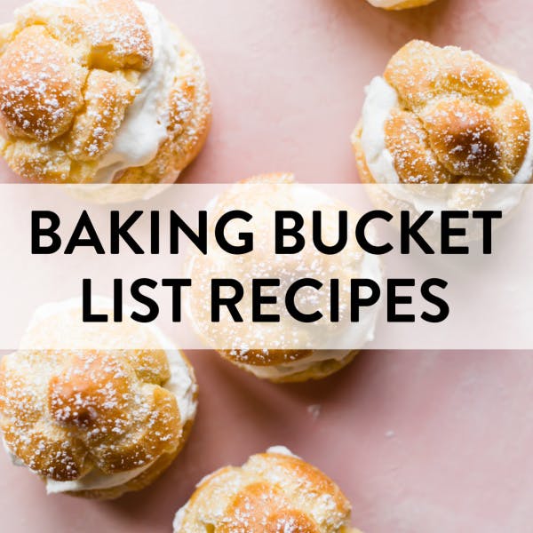 baking bucket list graphic over cream puffs picture