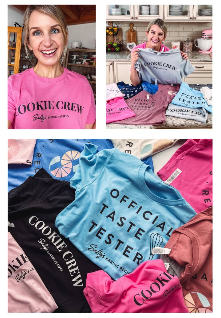 pink and blue Sally's Baking Recipes shirts