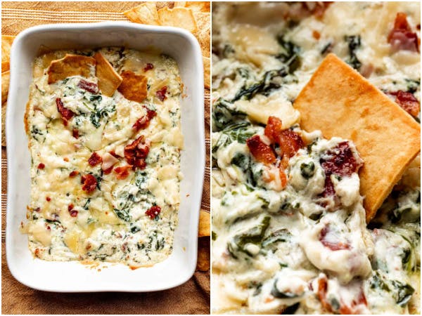 two pictures of spinach dip