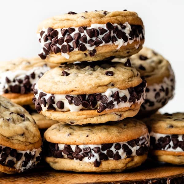 stack of 3 chocolate chip cookie ice cream sandwiches