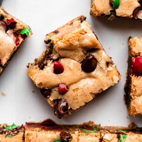 M&M cookie bar with a bite taken out