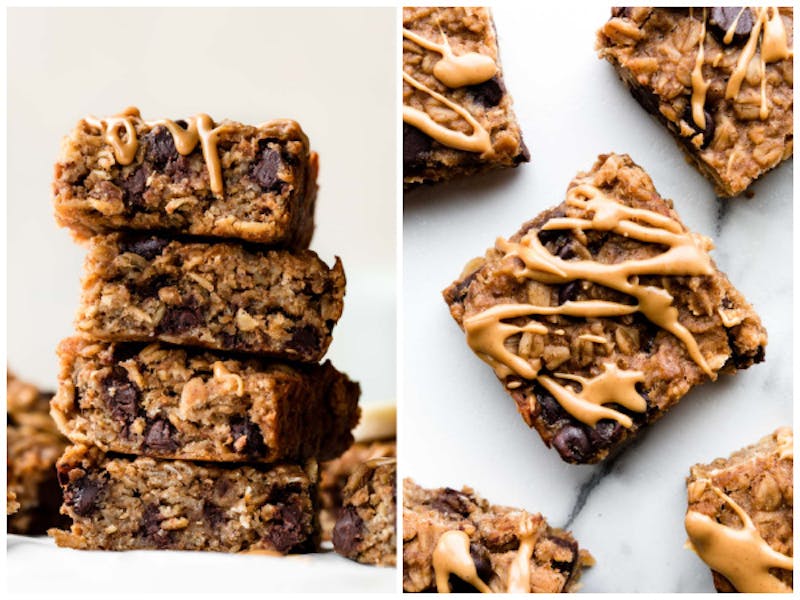 two pictures of peanut butter banana oatmeal bars