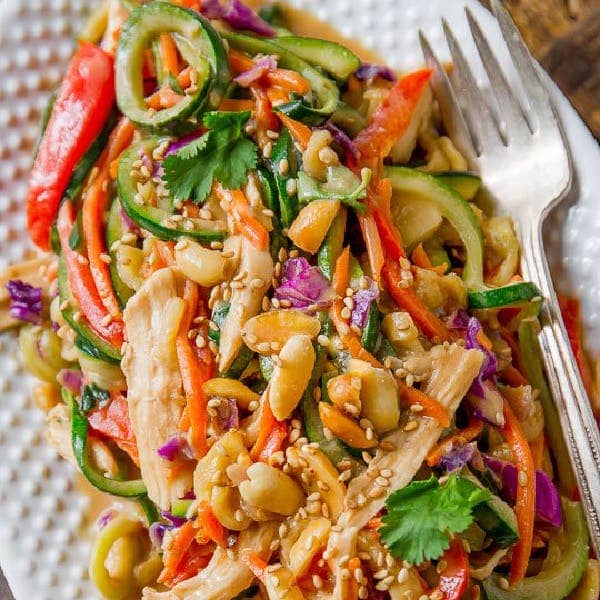 picture of peanut chicken with zucchini noodles meal on a plate